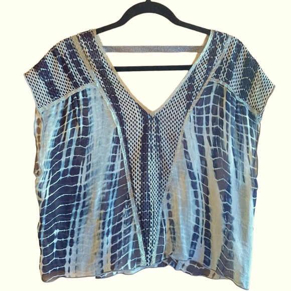 Burning Torch Upcycled Silk Blouse in Tie Dye Indigo on light Gray mesh detail - Picture 11 of 16